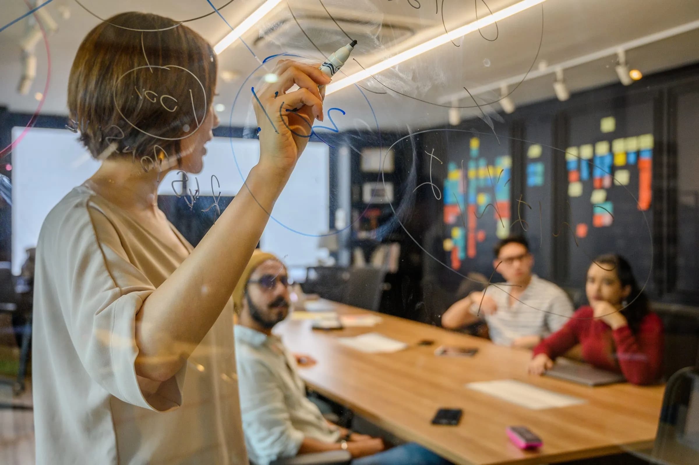 Product workshop with colleagues exploring ideas on a glass board